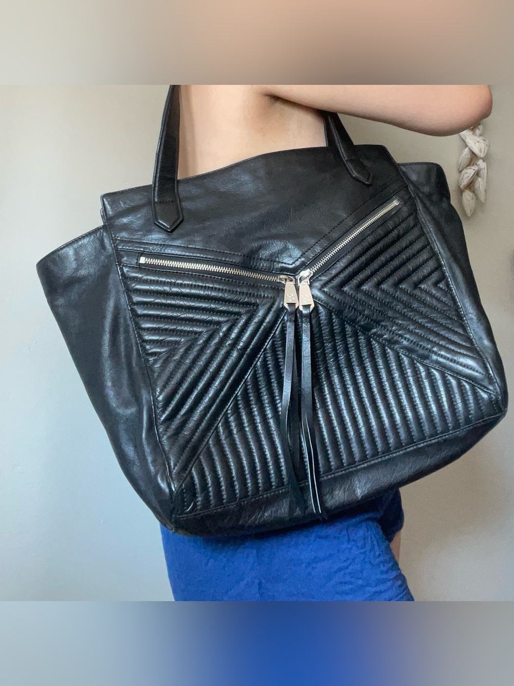 Christopher Kon Leather Quilted Shoulder Tote Bag Purse Chevron Zip